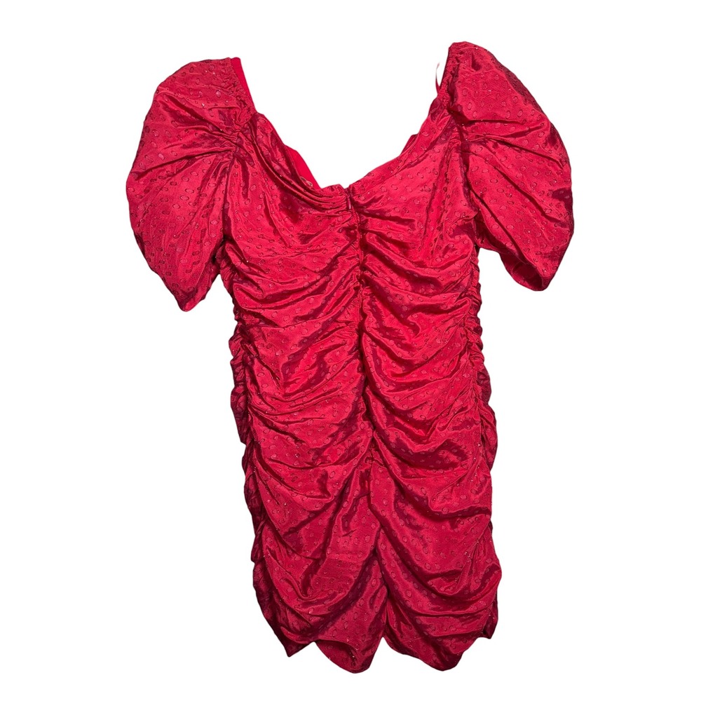Hutch Fuschia Ruched Mini Puff Sleeve Dress Metallic 16W Hot Pink Anthropologie - Picture 2 of 6